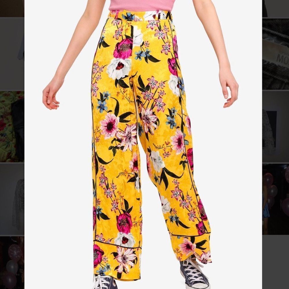TOPSHOP Asian Oriental yellow floral flower print wide leg trousers belted Sz 8 - Picture 3 of 16